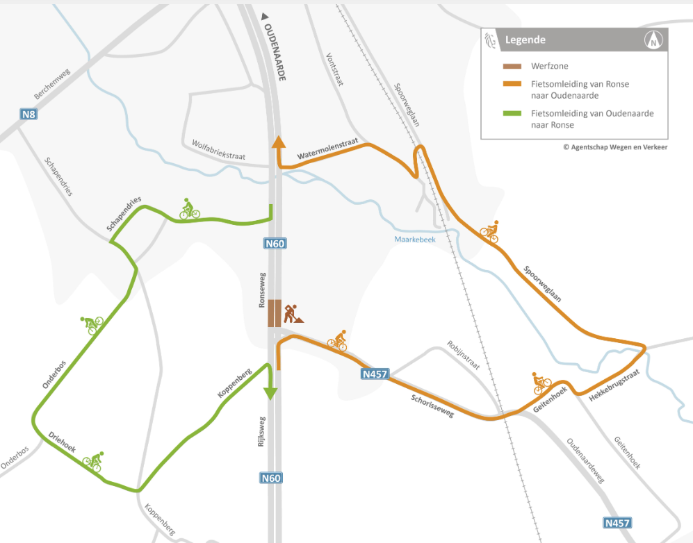 Omleiding fietsers tijdens werken fietsbrug N60